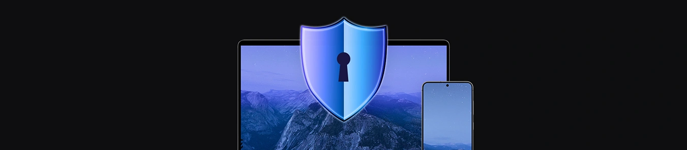 banner z laptopem oraz ikoną tarczy z z dziurką od klucza, obok telefon