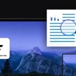 banner z logo firmy Łódzka Kolej Aglomeracyjna, dwa urządzenia mobilne laptop i tablet, ikona dokumentu z lupą