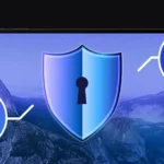 banner z laptopem oraz ikoną tarczy z z dziurką od klucza, ikona Sklep Play, ikona Apple App Store