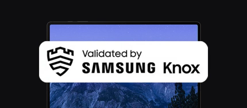 banner z laptopem oraz logo Samsung Knox