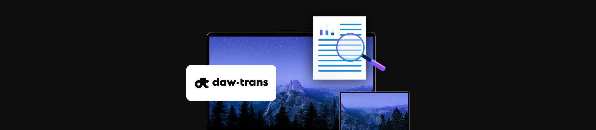 banner z logo firmy Daw-Trans, dwa urządzenia mobilne laptop i tablet, ikona dokumentu z lupą
