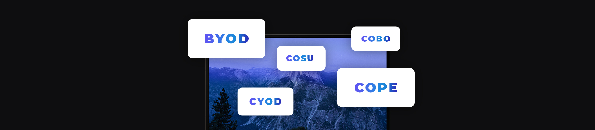 banner z ekranem laptopa oraz kafelkami, polityki zarządzania mobilnością BYOD CYOD COSU COBO COPE