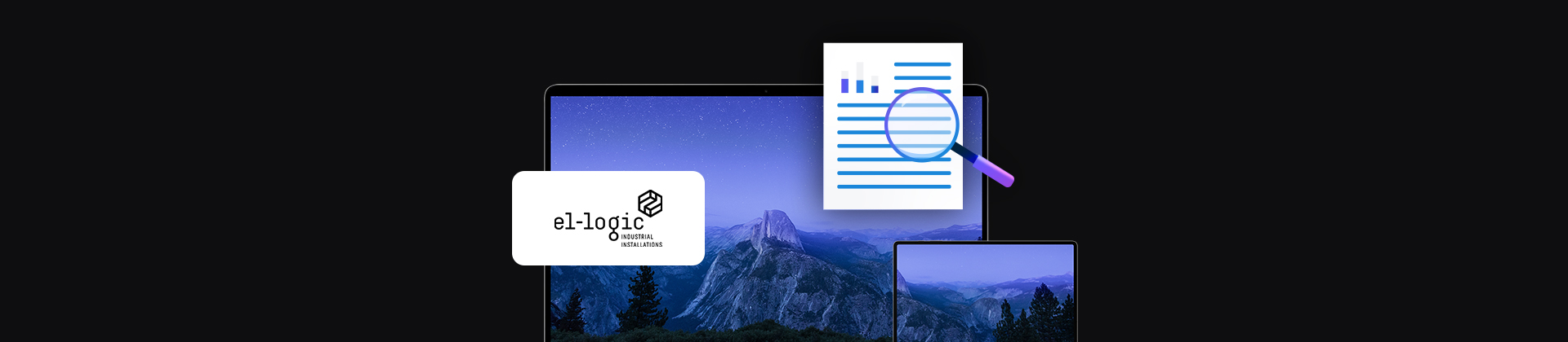 banner z logo firmy El-Logic, dwa urządzenia mobilne laptop i tablet, ikona dokumentu z lupą