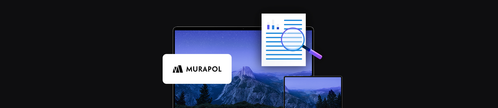 banner z logo firmy Murapol, dwa urządzenia mobilne laptop i tablet, ikona dokumentu z lupą