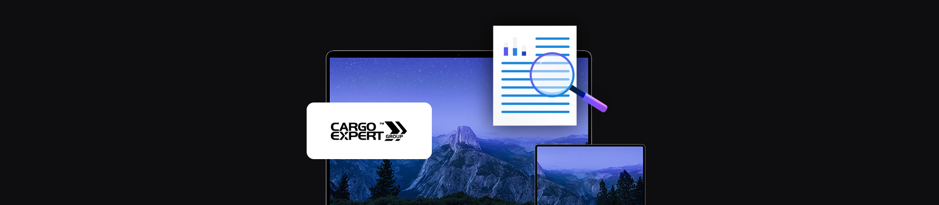 banner z logo firmy Cargo Expert Group, dwa urządzenia mobilne laptop i tablet, ikona dokumentu z lupą