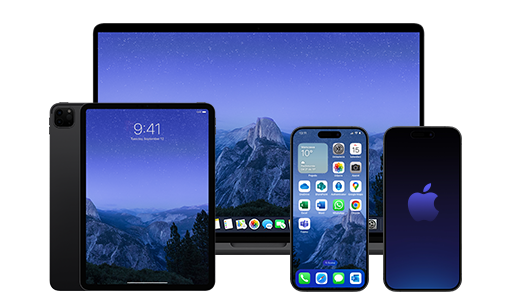 pięć urządzeń, laptop, dwa tablety, dwa smartfony Apple