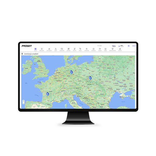 lokalizacja, mapa w konsoli Proget z oznaczonymi lokalizacjami