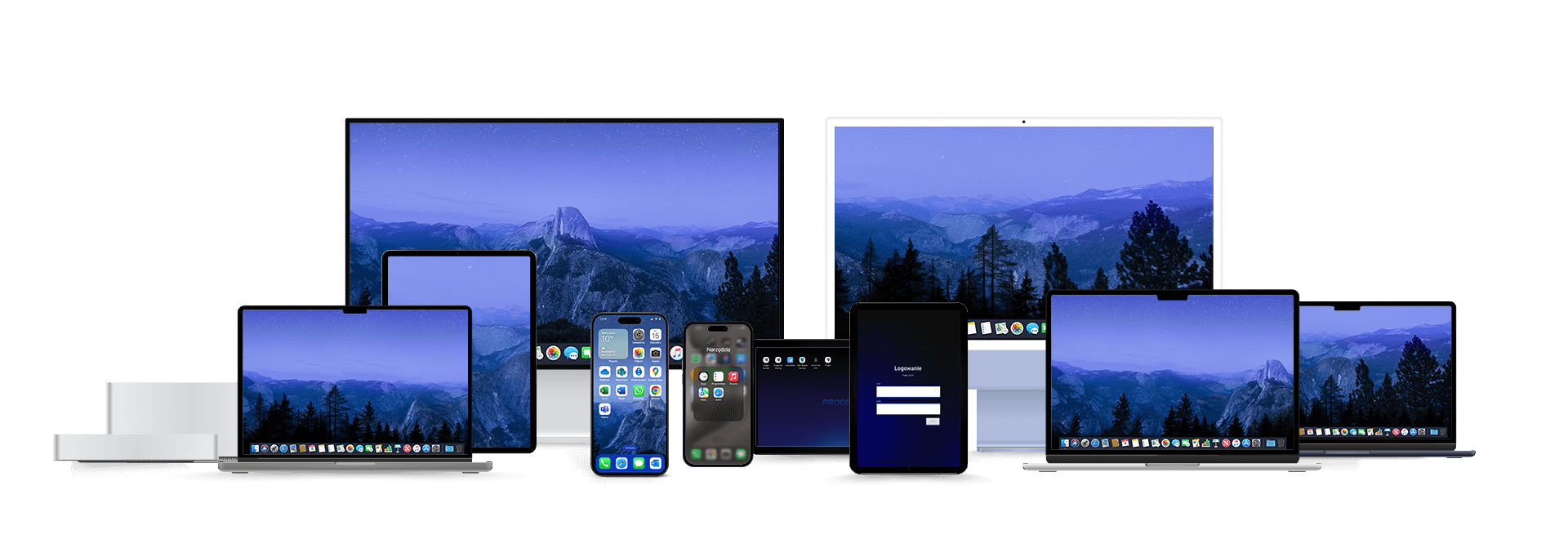 różne typy urządzeń firmy Apple, widoki na ekrany główne z ikonami aplikacji