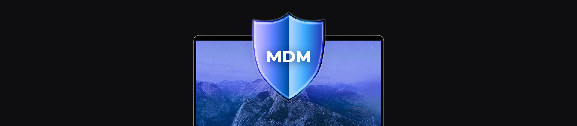 banner z laptopem oraz ikoną tarczy z napisem MDM