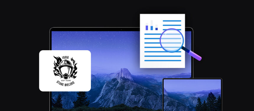 banner z logo OSP Stare Bielsko dwa urządzenia mobilne laptop i tablet, ikona dokumentu z lupą