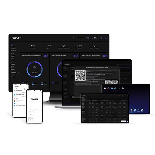różne urządzenia mobilne z konsolą Proget: komputer stacjonarny, laptop, tablet, smartfony