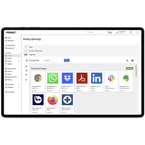 kontrola aplikacji, dodawanie aplikacji ze sklepu Google Play w konsoli Proget