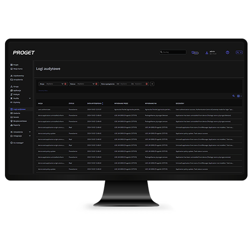 konsola Proget na ekranie monitora, zakładka "Logi audytowe"
