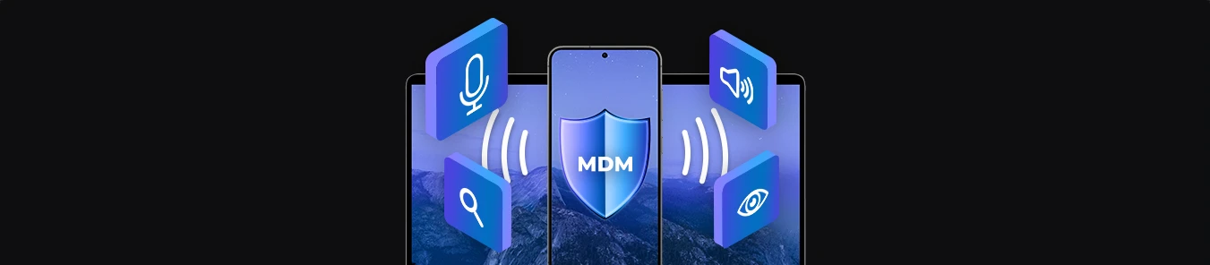 banner z laptopem i telefonem, grafiki z ikonami mikrofonu, podsłuchu, lupy, oka