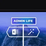 banner z laptopem i grafiką, drogowskaz ADMIN LIFE, strzałki z ikonami arkusza kalkulacyjnego i różdżki
