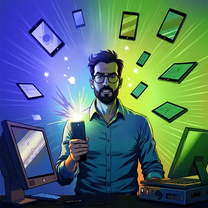 kreskówkowy admin z pilotem w ręce, obok niego latające telefony i tablety, które kontroluje z pomocą pilota