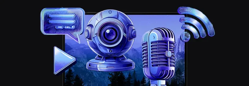 ekran laptopa, nad nim ikona dymku, kamery, mikrofonu i sieci