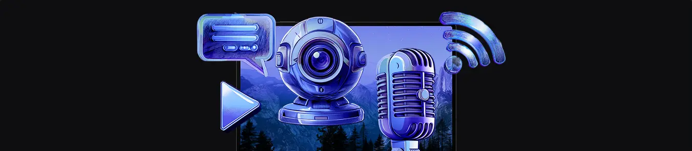 ekran laptopa, nad nim ikona dymku, kamery, mikrofonu i sieci