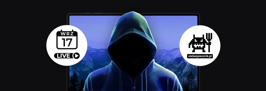 banner z laptopem i grafiką, sylwetka hakera, logo Niebezpiecznik.pl i ikona live