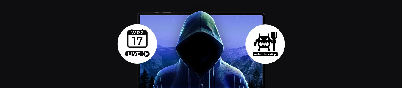 banner z laptopem i grafiką, sylwetka hakera, logo Niebezpiecznik.pl i ikona live