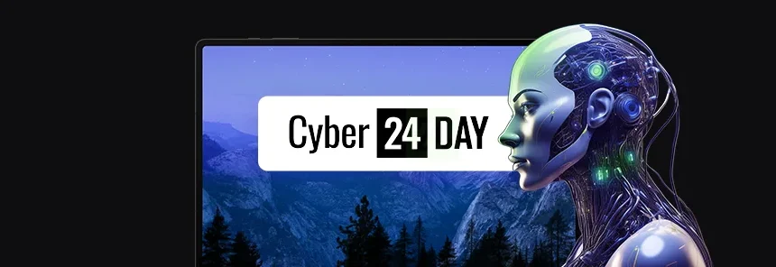 banner z laptopem i grafiką, sylwetka robota, logo Cyber24Day