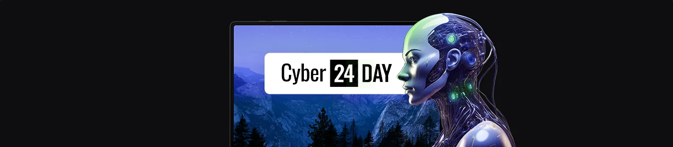 banner z laptopem i grafiką, sylwetka robota, logo Cyber24Day