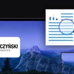 banner z logo firmy Kawczyński Logistics, dwa urządzenia mobilne laptop i tablet, ikona dokumentu z lupą