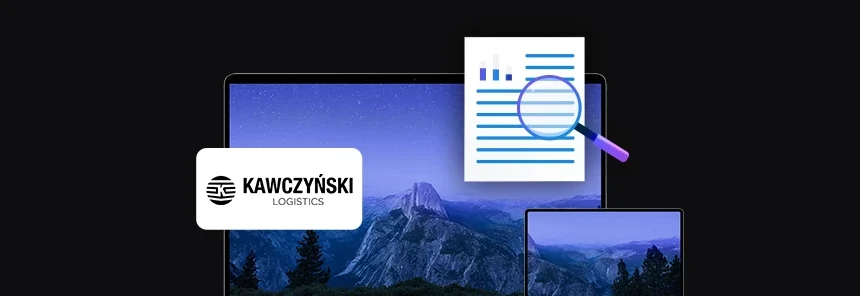banner z logo firmy Kawczyński Logistics, dwa urządzenia mobilne laptop i tablet, ikona dokumentu z lupą