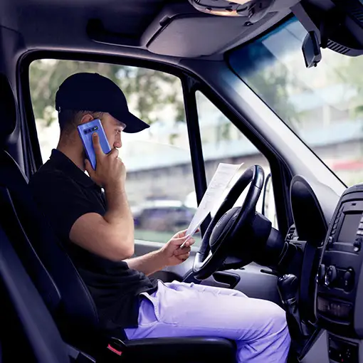 kierowca siedzący w ciężarówce rozmawia przez telefon