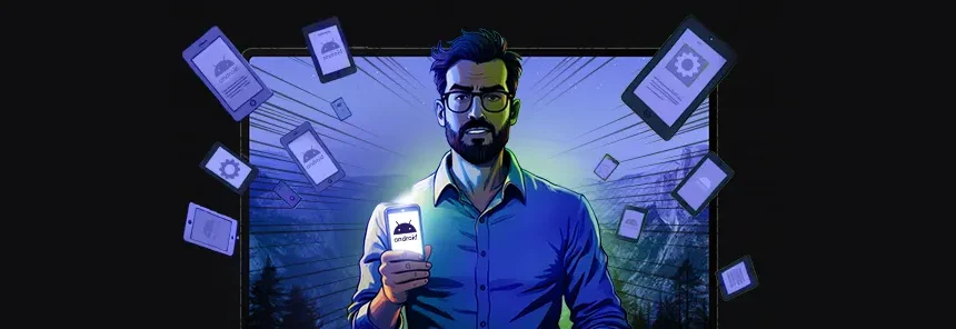 administrator IT z telefonem w ręce, dookoła latające telefony z systemem Android