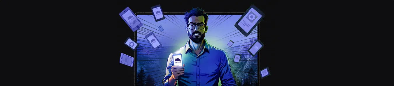 administrator IT z telefonem w ręce, dookoła latające telefony z systemem Android