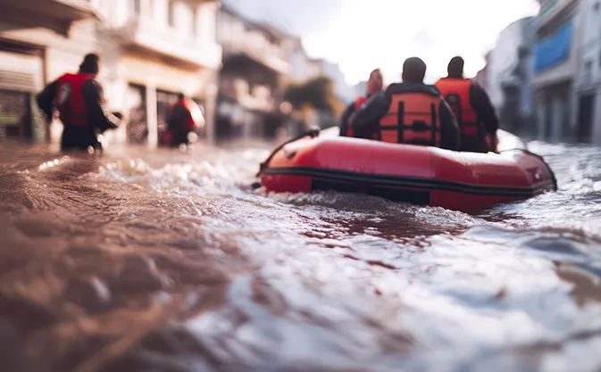 ratownicy płyną pontonem w trakcie powodzi