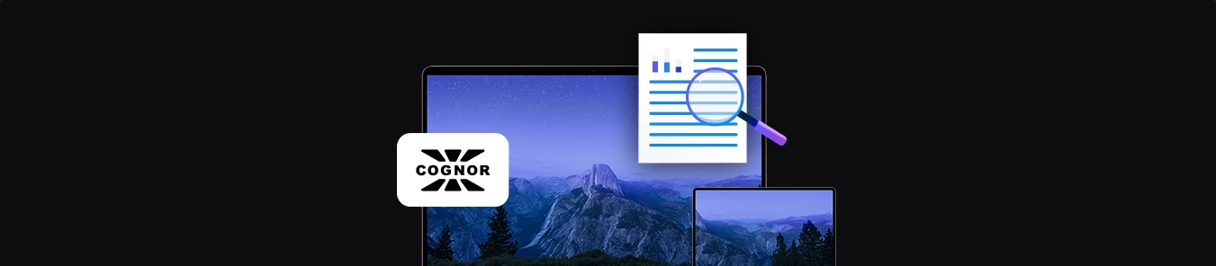 banner z logo firmy Cognor S.A., dwa urządzenia mobilne laptop i tablet, ikona dokumentu z lupą