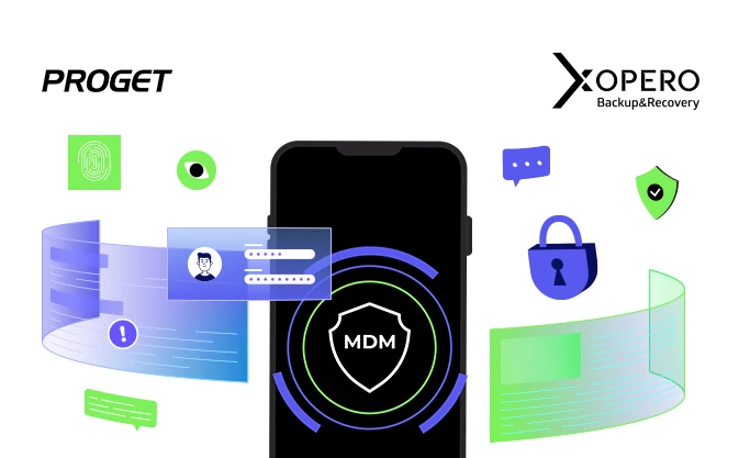 telefon z tarczą i napisem MDM, ikony cybersec