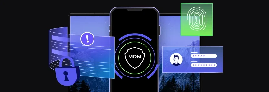 baner z laptopem, telefon z tarczą i napisem MDM, ikony cybersec