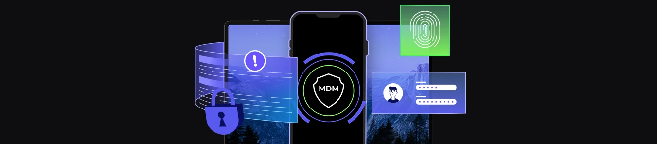baner z laptopem, telefon z tarczą i napisem MDM, ikony cybersec