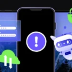 baner z laptopem, telefon z symbolem ostrzeżenia, ikony cybersec