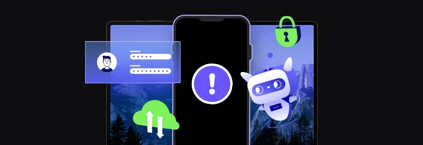 baner z laptopem, telefon z symbolem ostrzeżenia, ikony cybersec