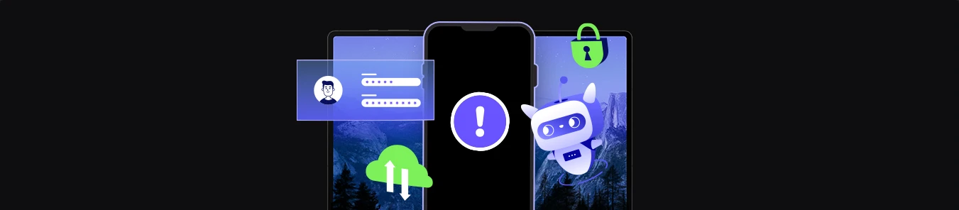 baner z laptopem, telefon z symbolem ostrzeżenia, ikony cybersec