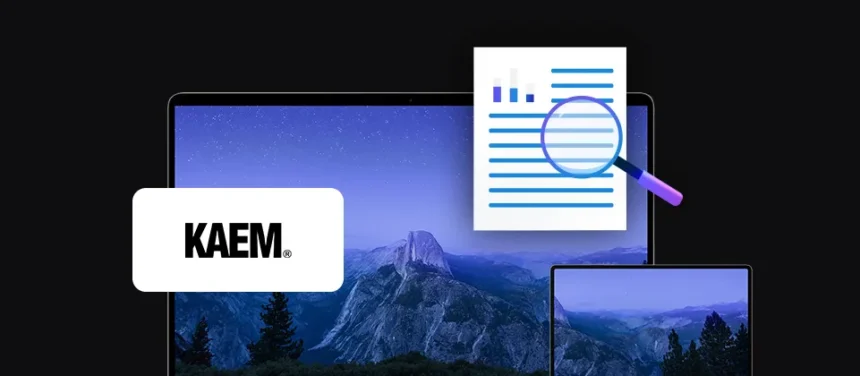 banner z logo firmy KAEM, dwa urządzenia mobilne laptop i tablet, ikona dokumentu z lupą