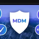 baner z laptopem z różnymi ikonami: tarcza z napisem MDM, ikona NIS2, ikona KSC, checkmark, symbol paragrafu