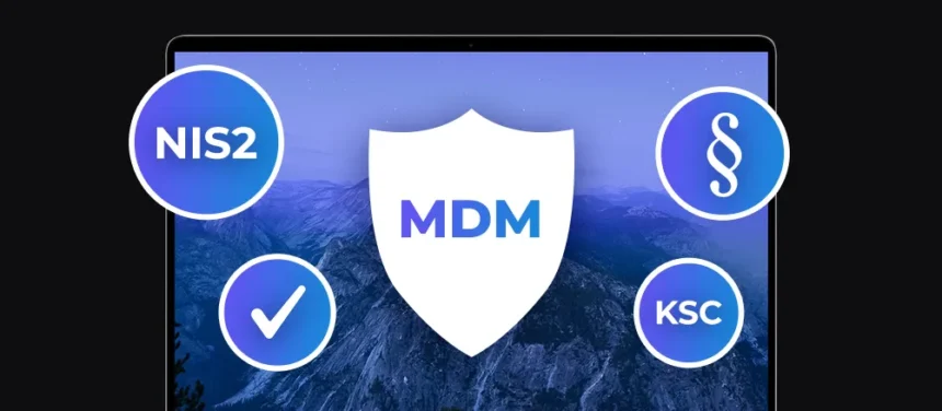 baner z laptopem z różnymi ikonami: tarcza z napisem MDM, ikona NIS2, ikona KSC, checkmark, symbol paragrafu