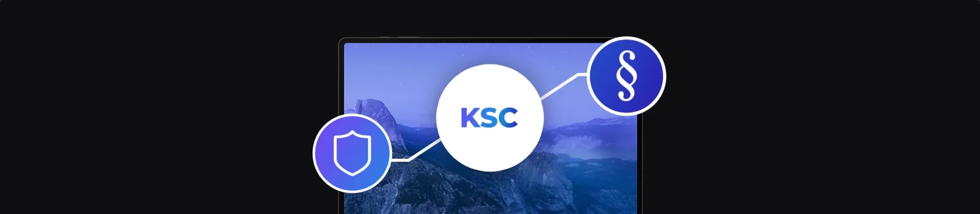 banner z laptopem, białą ikoną z napisem KSC, ikona tarczy, ikona paragrafu