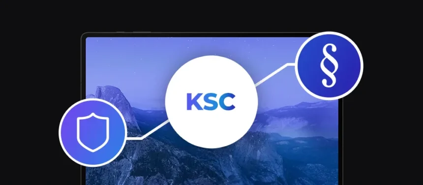 banner z laptopem, białą ikoną z napisem KSC, ikona tarczy, ikona paragrafu