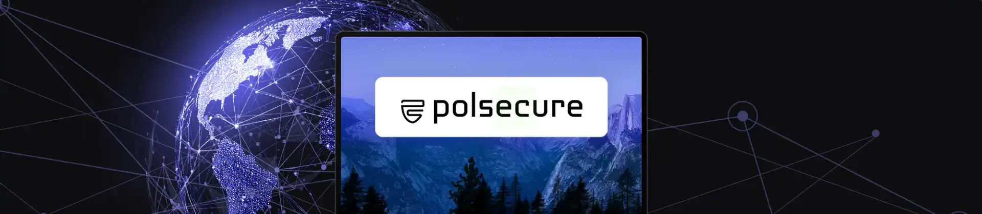 baner z laptopem oraz logo polsecure, w tle globus z liniami łączności