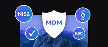 baner z laptopem z różnymi ikonami: tarcza z napisem MDM, ikona NIS2, ikona KSC, checkmark, symbol paragrafu