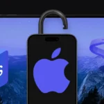 baner z laptopem, iPhone z otwartą kłódką, ikona iOS, łom