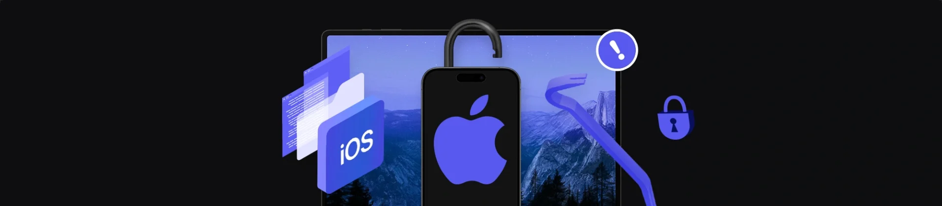 baner z laptopem, iPhone z otwartą kłódką, ikona iOS, łom