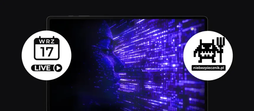 banner z laptopem i grafiką, sylwetką AI, logo Niebezpiecznik.pl i ikona live