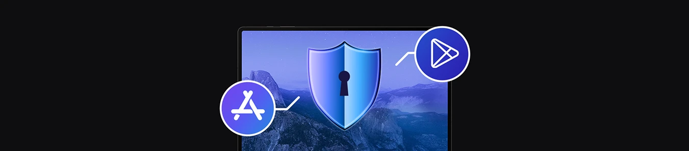 banner with laptop and shield icon with keyhole, Play Store icon, Apple App Store icon